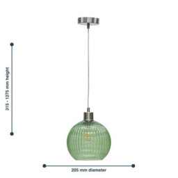 First Choice Lighting Betchley - Green Ribbed Glass Globe With Satin Nickel Pendant Fitting - thumbnail 8