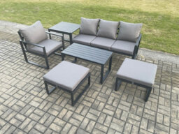 Fimous Aluminium 6 Pieces Garden Furniture Sofa Set With Cushions 6 Seater Outdoor Patio Set With Armchair 2 Big Footstools - thumbnail 2