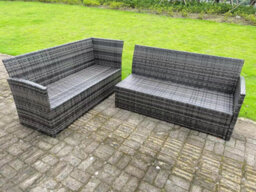 Fimous High Back Dark Mixed Grey Rattan Corner Sofa Set Outdoor Furniture Rectangular Dining Table 3 Small Footstools 9 Seater - thumbnail 2