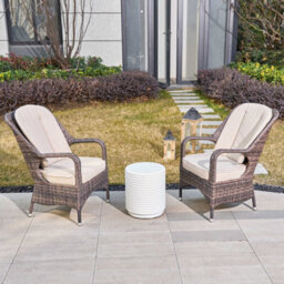 Title Abrihome 3-Piece Outdoor Garden Bistro Set, Brown Rattan Chairs With A White Concrete Side Table