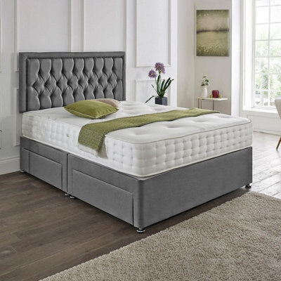 Dining Tables Lisbon Matching Headboard Divan Set, 2 Drawer On Same Side With Sprung 1500 Comfort Mattress - Damask Fabric Grey - Double - image 1