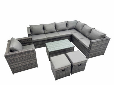 Fimous Patio Sofa Oblong Coffee Table Set Rattan Garden Furniture Set With 2 Small Stools Dark Grey Mixed - image 1