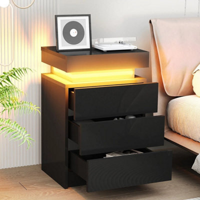 Black 3 Drawer Bedside Table Cabinet Led Light Storage - image 1