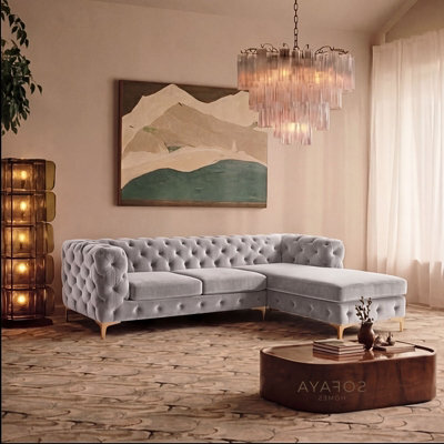 Monaco Chesterfield 3 Seater Chaise Sofa Light Grey Velvet L Shaped Corner - Right Hand Deep Buttoned Upholstery Couch Lounge - image 1