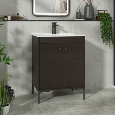 Royal Bathrooms Verona 600mm Walnut Woodgrain Floor Standing Vanity Unit 2 Door With Ceramic Basin & Matt Black Knob - image 1