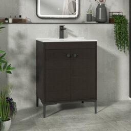 Royal Bathrooms Verona 600mm Walnut Woodgrain Floor Standing Vanity Unit 2 Door With Ceramic Basin & Matt Black Knob