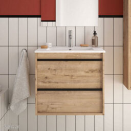 Salgar Attila Noir 600mm Wall Hung Basin Unit With Matt Black Handles - Ostippo Oak - thumbnail 2