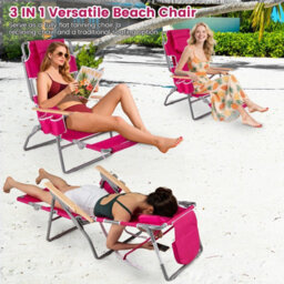 Gainoom 3-In-1 Foldable Pink Beach Chair Portable Reclining Lounger W/ Portable Reclining Lounger - thumbnail 6