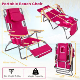 Gainoom 3-In-1 Foldable Pink Beach Chair Portable Reclining Lounger W/ Portable Reclining Lounger - thumbnail 2