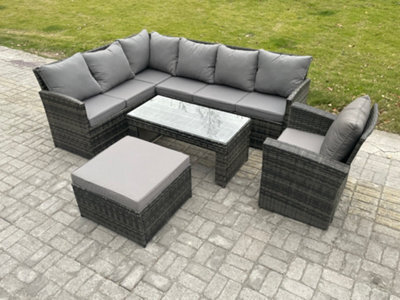 Fimous Rattan Garden Furniture Sets High Back Corner Sofa Oblong Coffee Table Set With Big Footstool Armchair - image 1
