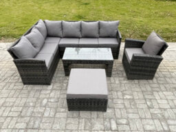 Fimous Rattan Garden Furniture Sets High Back Corner Sofa Oblong Coffee Table Set With Big Footstool Armchair - thumbnail 2