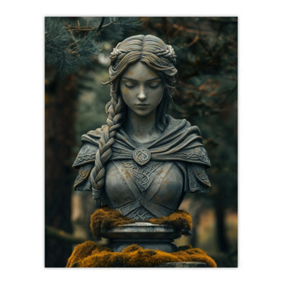Artery8 Unframed Wall Art Norse Shield Maiden Warrior Bust Statue In Forest - 12X16 Inch - image 1