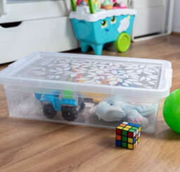 B2C Underbed Storage Box Low Container With Secure Lid Clips 26L Plastic Organizer Clear - thumbnail 1