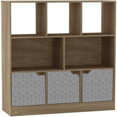 Urbn-Living Urbnliving Asymmetrical 8 Cube Oak Bookcase Freestanding Storage Unit With 3 Geo Design Doors - Grey - image 1