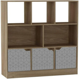 Urbn-Living Urbnliving Asymmetrical 8 Cube Oak Bookcase Freestanding Storage Unit With 3 Geo Design Doors - Grey