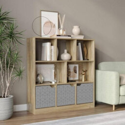 Urbn-Living Urbnliving Asymmetrical 8 Cube Oak Bookcase Freestanding Storage Unit With 3 Geo Design Doors - Grey - thumbnail 2