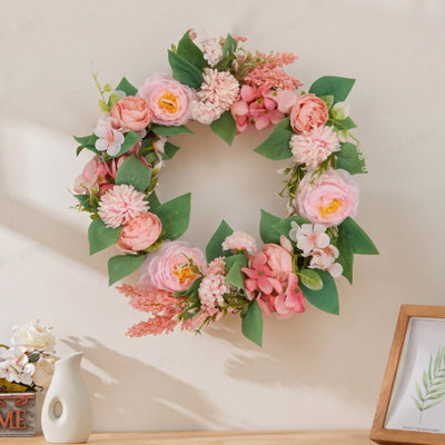 Living And Home 40Cm Light Pink Artificial Floral Wreath Rattan Base Faux Ranunculus Wreath For Front Door - image 1