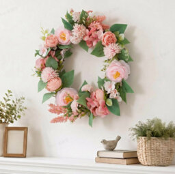 Living And Home 40Cm Light Pink Artificial Floral Wreath Rattan Base Faux Ranunculus Wreath For Front Door - thumbnail 2