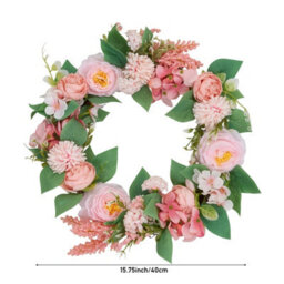 Living And Home 40Cm Light Pink Artificial Floral Wreath Rattan Base Faux Ranunculus Wreath For Front Door - thumbnail 8