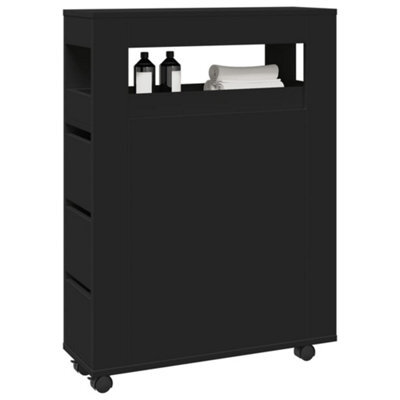 Berkfield Narrow Bathroom Cabinet With Wheels Black Engineered Wood - image 1