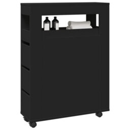 Berkfield Narrow Bathroom Cabinet With Wheels Black Engineered Wood - thumbnail 1