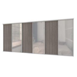 A-Class Sliding Doors Set Of 6 Dark Oak & Mirror Sliding Wardrobe Door Kit, Silver Frame & Tracks, Opening Height (H) 225-226Cm & Width (W) 444-445Cm - thumbnail 1