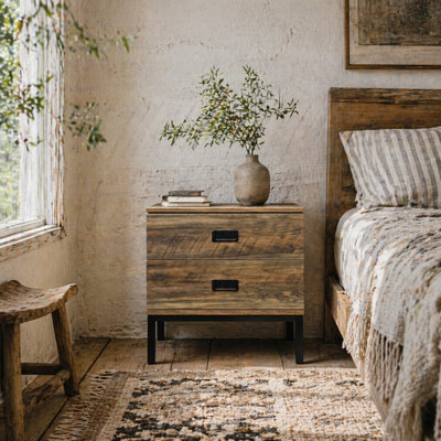 Wyld Haus Virado Coffee Brown Retro Bedside Table - 2 Drawers, Black Metal Legs, 45W X 39D X 50H Cm - image 1