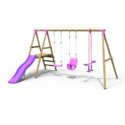 Rebo Voyager Wooden Garden Swing Set With Standard Seat, Baby Seat, Glider, Platform And Slide For Kids- Pink - thumbnail 1