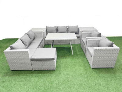 Fimous 9 Seat Garden Furniture Set Pe Ratten Garden Sofa Set With Rectangular Dining Table Big Stool 2 Side Tables Light Grey - image 1