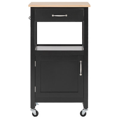 Wyld And Coco Essentials Kitchen Trolley Black With Light Rubberwood Top Drawer And Cabinet 60 X 48 X 91 Cm - image 1