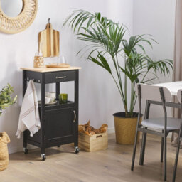 Wyld And Coco Essentials Kitchen Trolley Black With Light Rubberwood Top Drawer And Cabinet 60 X 48 X 91 Cm - thumbnail 2