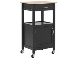 Wyld And Coco Essentials Kitchen Trolley Black With Light Rubberwood Top Drawer And Cabinet 60 X 48 X 91 Cm - thumbnail 3