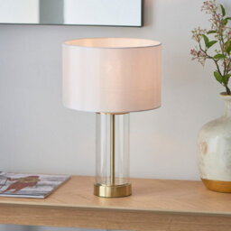 Luminosa Lighting Luminosa Lessina Base & Shade Table Lamp, Satin Brass Plate, Glass, Vintage White Fabric - thumbnail 2