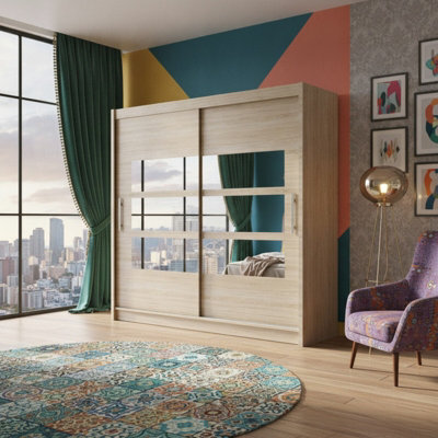 Bega Iii 180Cm Sliding Wardrobe With Optional Led Rgb Laminated Board Aluminium Tracks Self Assembly Bedroom Storage Sonoma - image 1