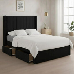 Luxury Black Plush Milan Small Double Bed Frame With Mattress 54 Inches Wingback Headboard 2 Footend Storage Drawers - thumbnail 1
