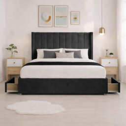 Luxury Black Plush Milan Small Double Bed Frame With Mattress 54 Inches Wingback Headboard 2 Footend Storage Drawers - thumbnail 2