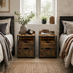 Wyld Haus Dikedo Set Of 2 Industrial Metal And Wooden Rustic Brown Bedside Tables With 2 Drawers And Shelf - thumbnail 1