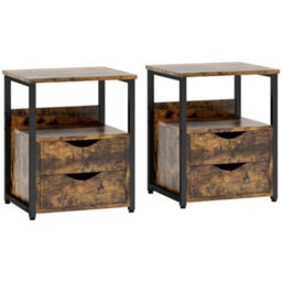 Wyld Haus Dikedo Set Of 2 Industrial Metal And Wooden Rustic Brown Bedside Tables With 2 Drawers And Shelf - thumbnail 2