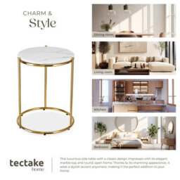 Tectake Side Table Ellsa - Marble Top, Steel Frame, Elegant Design Per Piece White/gold - thumbnail 5