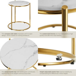 Tectake Side Table Ellsa - Marble Top, Steel Frame, Elegant Design Per Piece White/gold - thumbnail 4