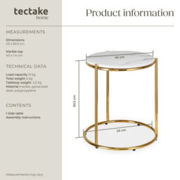 Tectake Side Table Ellsa - Marble Top, Steel Frame, Elegant Design Per Piece White/gold - thumbnail 6