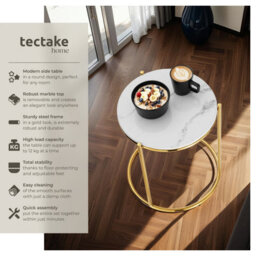 Tectake Side Table Ellsa - Marble Top, Steel Frame, Elegant Design Per Piece White/gold - thumbnail 2