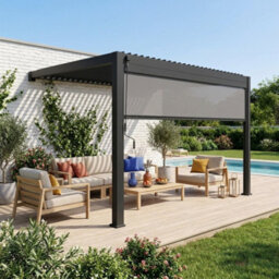 Sweeek - Lean To Pergola With Louvered Roof In Aluminium 4X3M + 4M Blind Anthracite Triomphe - thumbnail 1