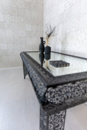 Downton Interiors Black Embossed Metal Mirrored Glass Coffee Table - Agadir Range - thumbnail 4