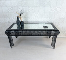 Downton Interiors Black Embossed Metal Mirrored Glass Coffee Table - Agadir Range - thumbnail 3