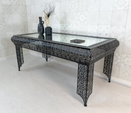 Downton Interiors Black Embossed Metal Mirrored Glass Coffee Table - Agadir Range