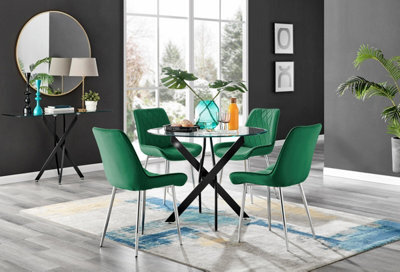 Furniturebox Uk Novara Black Leg Round Glass Dining Table & 4 Green Pesaro Silver Chairs - image 1