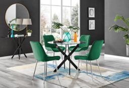 Furniturebox Uk Novara Black Leg Round Glass Dining Table & 4 Green Pesaro Silver Chairs - thumbnail 1