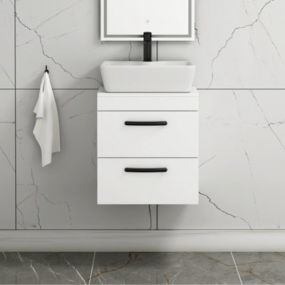 Royal Bathrooms 500mm Wall Hung Vanity Unit 2 Drawer Gloss White & Cube Countertop Basin With Matt Black Handle - image 1
