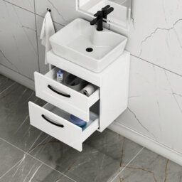 Royal Bathrooms 500mm Wall Hung Vanity Unit 2 Drawer Gloss White & Cube Countertop Basin With Matt Black Handle - thumbnail 3